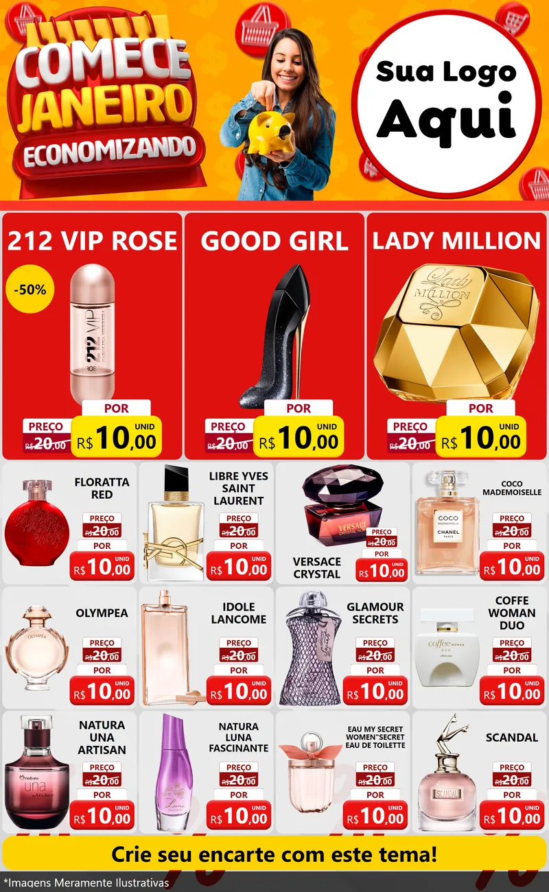 Modelo de Encarte para Encarte Grande com o tema Comece Janeiro Economizando para Perfumes