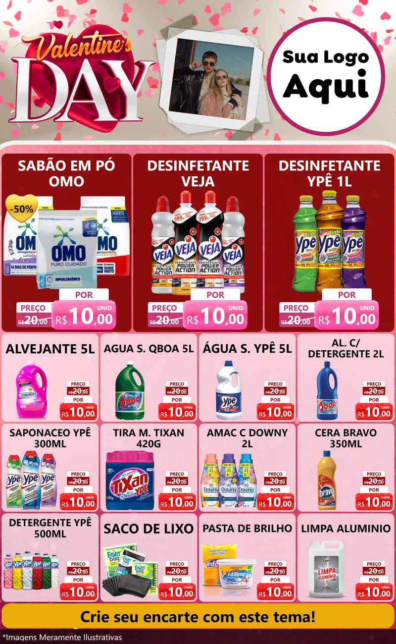 Modelo de Encarte para Encarte Grande com o tema Valentine's Day para Produtos de Limpeza