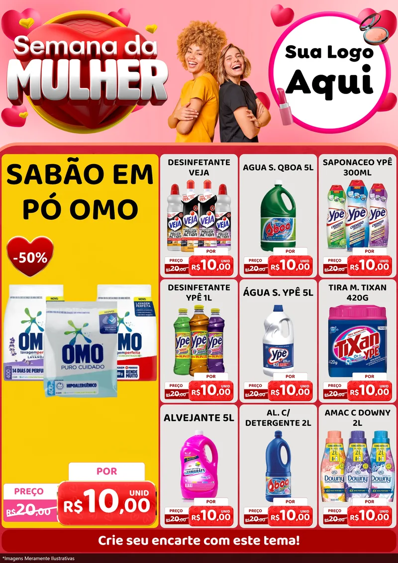 Modelo de Encarte para Encarte A4 Vertical com o tema Semana da Mulher para Produtos de Limpeza
