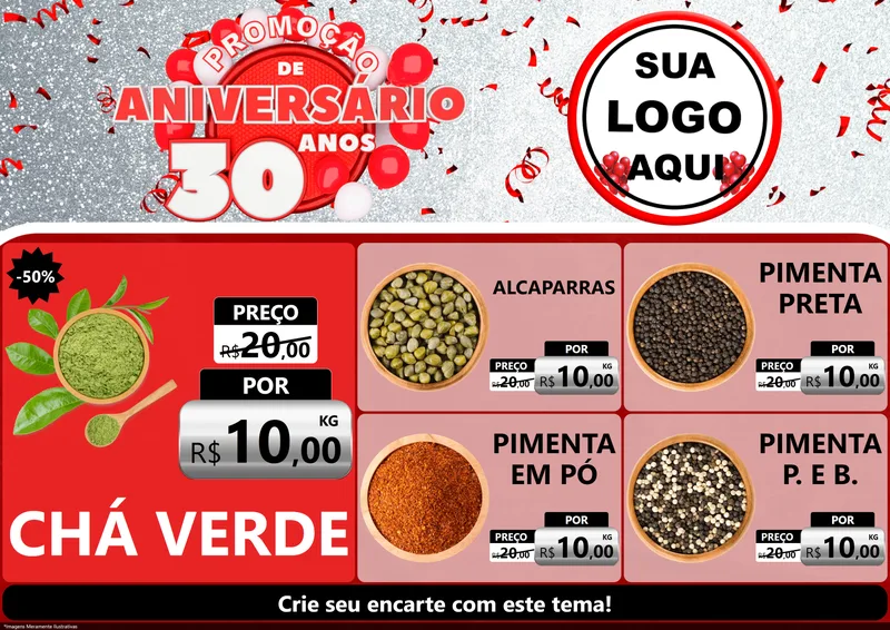 Modelo de Encarte para Encarte A4 Horizontal com o tema Promoção de Aniversário - 30 Anos para Produtos Naturais