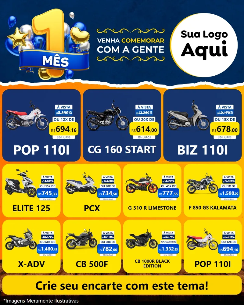 Modelo de Rede Social para Feed Instagram com o tema Um Mês de Aniversário para Concessionaria de Motos