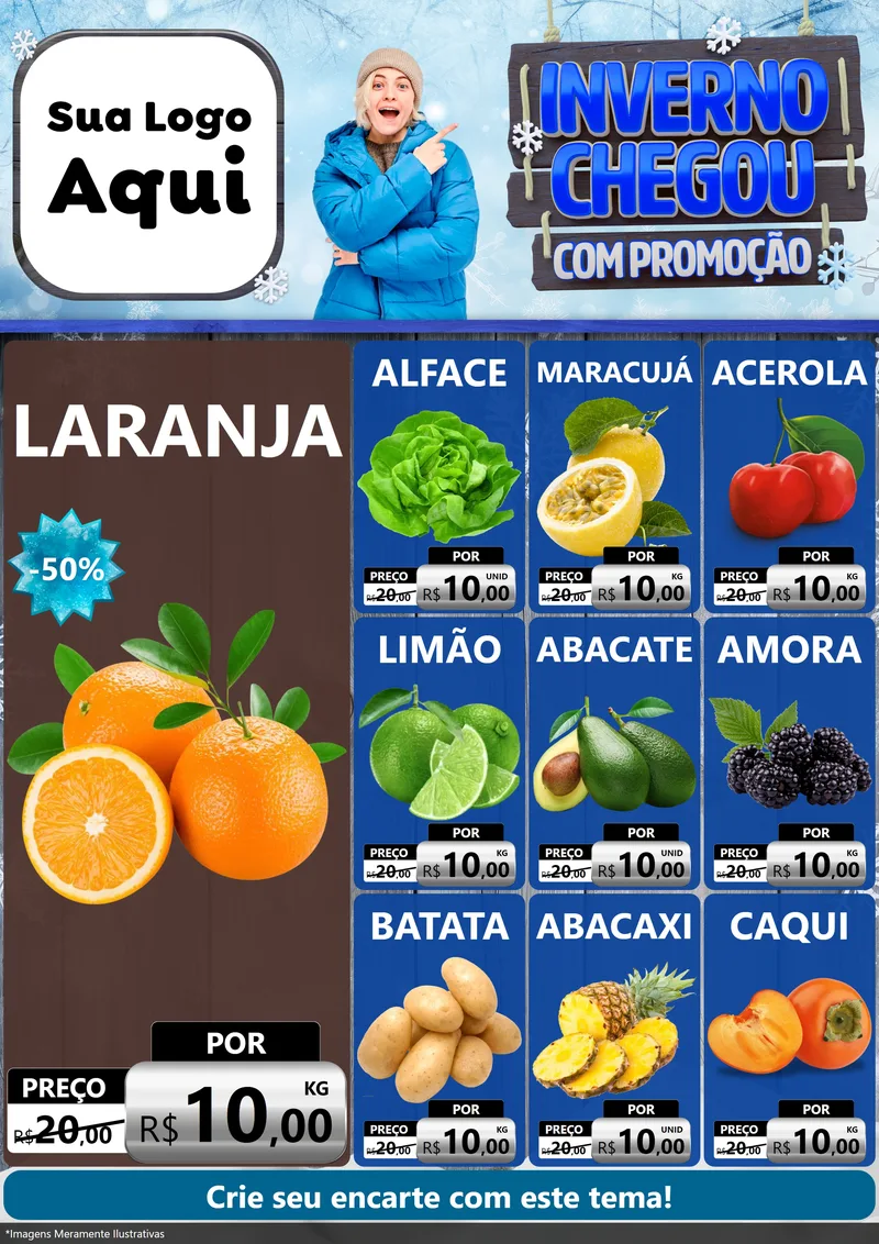 Modelo de Encarte para Encarte A4 Vertical com o tema Inverno Chegou Com Promoção para Hortifrúti