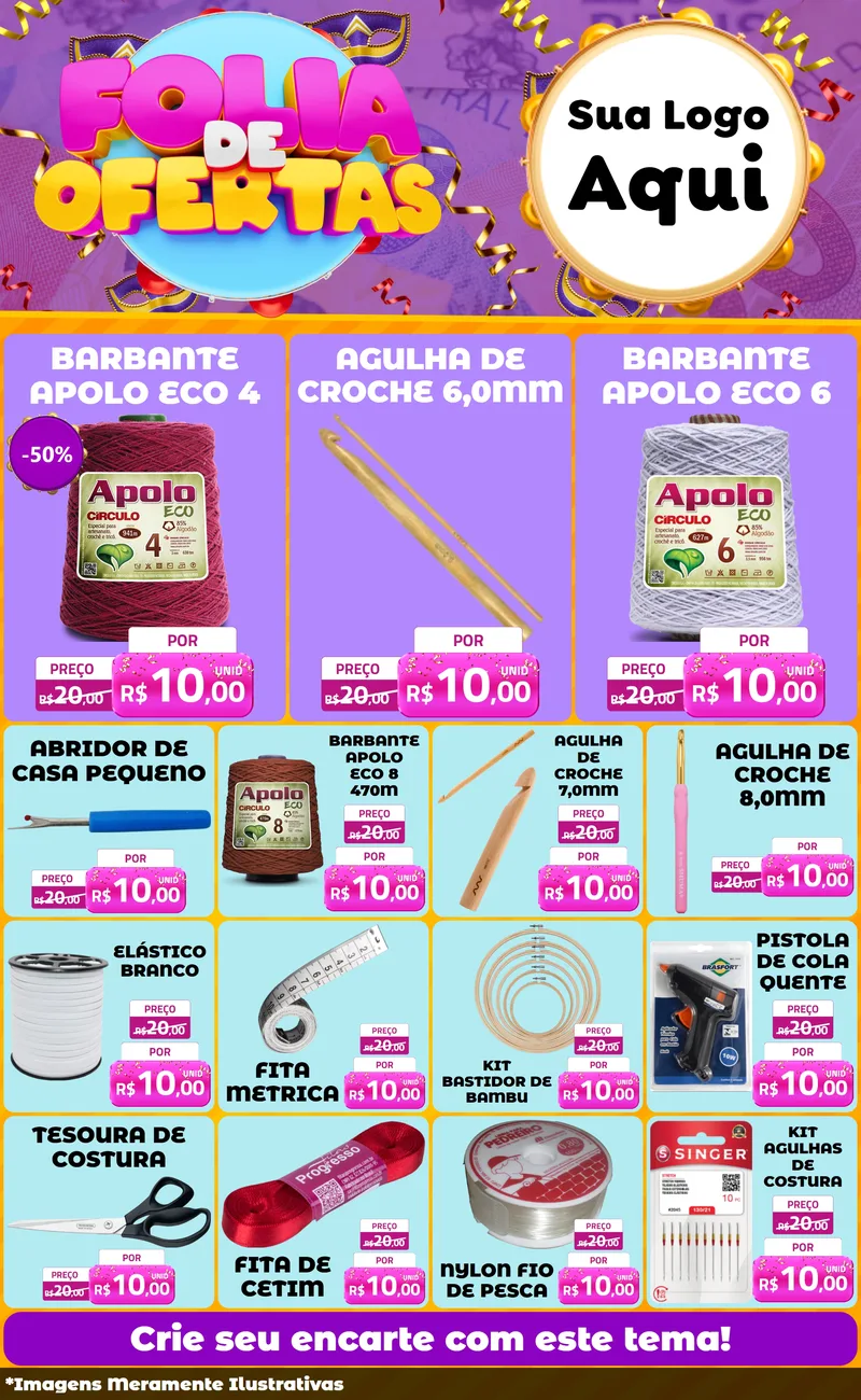 Modelo de Encarte para Encarte Grande com o tema Folia de Ofertas para Armarinho e Aviamentos