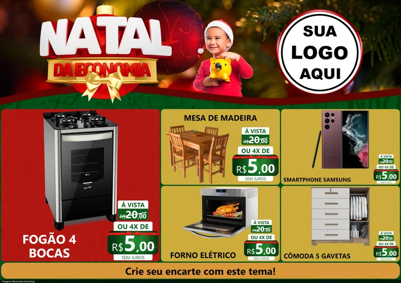 Modelo de Encarte para Encarte A4 Horizontal com o tema Natal da Economia para Móveis e Eletro