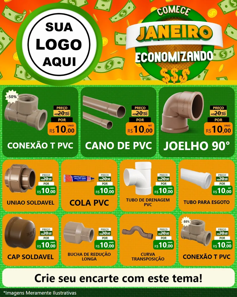 Modelo de Rede Social para Feed Instagram com o tema Comece Janeiro Economizando para Tubos e conexões