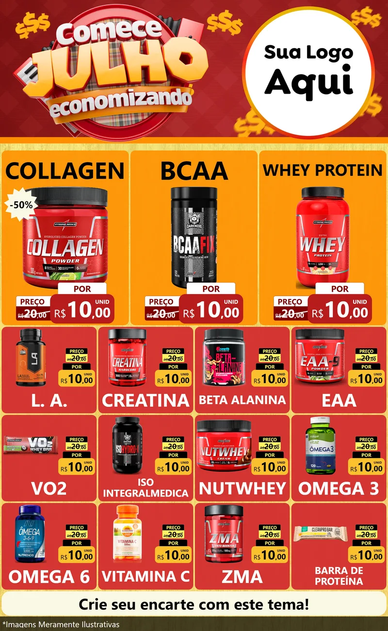 Modelo de Encarte para Encarte Grande com o tema Comece Julho Economizando para Suplementos alimentares