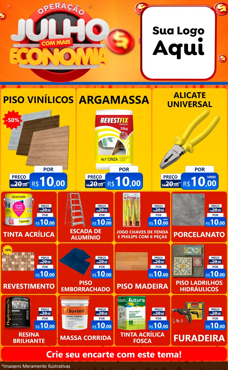 Modelo de Encarte para Encarte Grande com o tema Operação Julho Com Mais Economia para Material para Construção