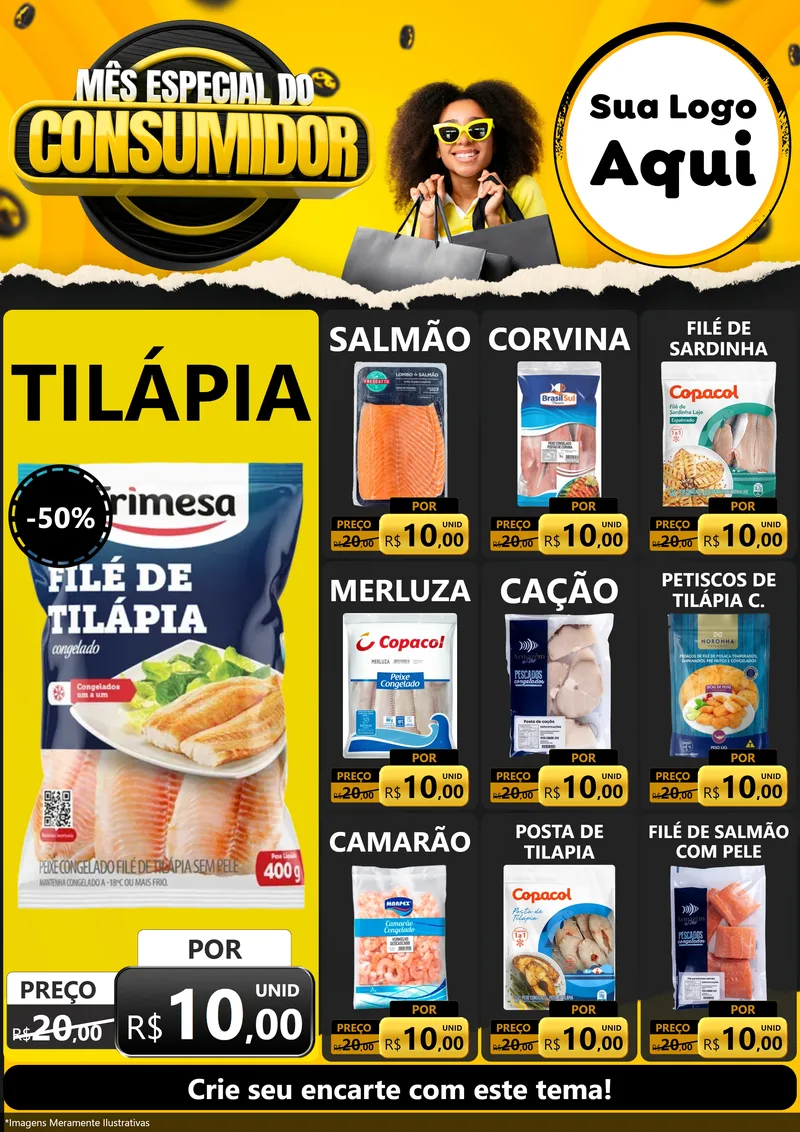 Modelo de Encarte para Encarte A4 Vertical com o tema Mês Especial do Consumidor para Peixaria