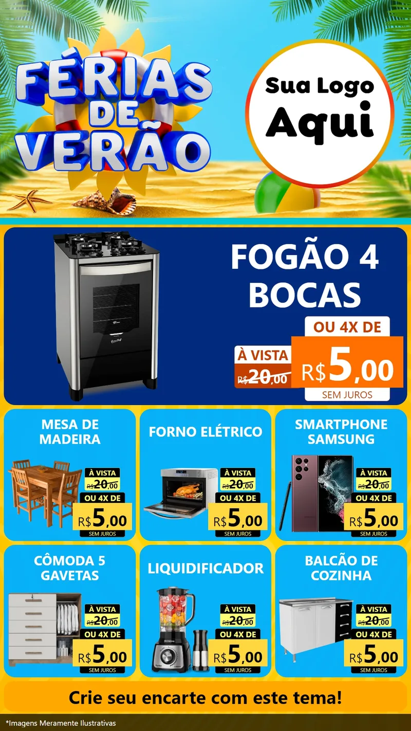 Modelo de Rede Social para Stories com o tema Férias de Verão para Móveis e Eletro