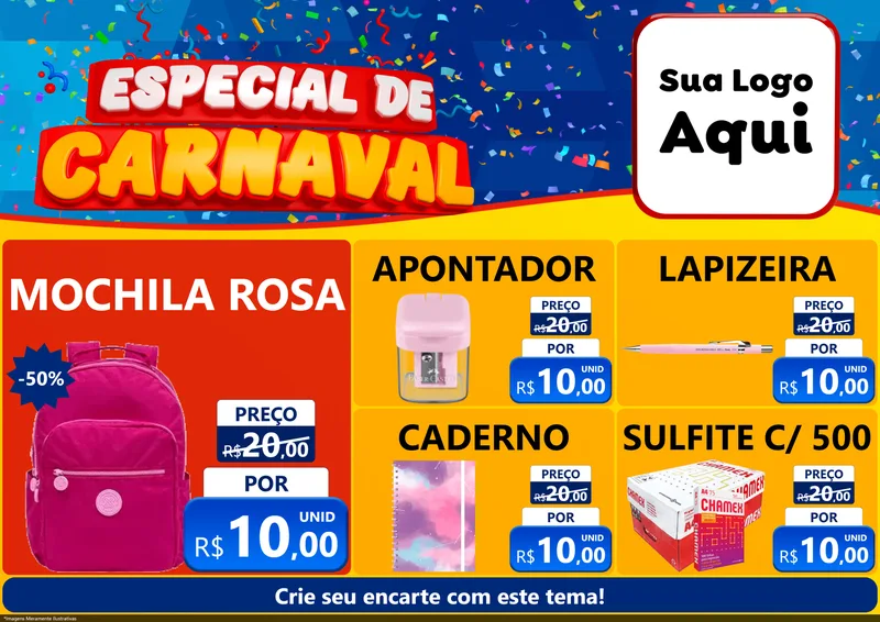 Modelo de Encarte para Encarte A4 Horizontal com o tema Especial de Carnaval para Papelaria