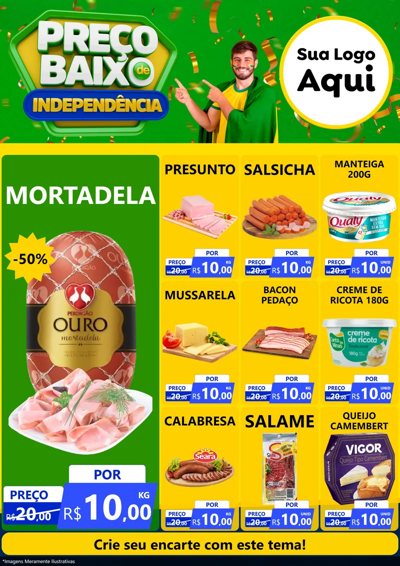 Modelo de Encarte para Encarte A4 Vertical com o tema Preço Baixo de Independência para Frios e Laticínios