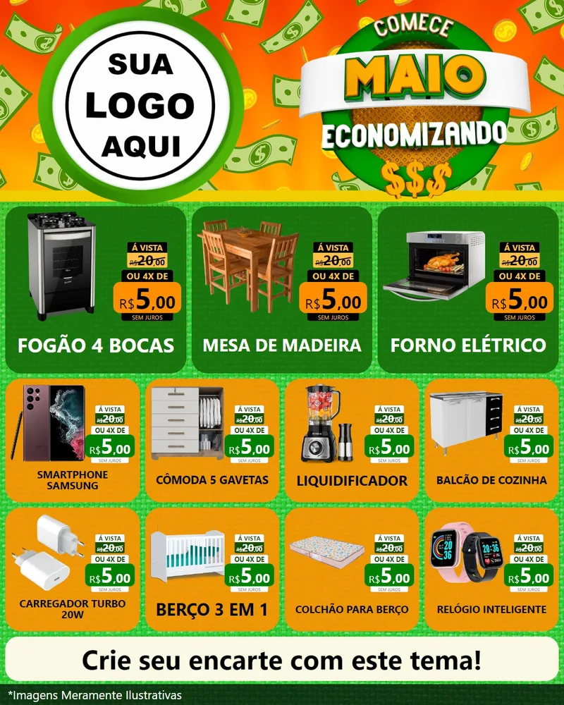 Modelo de Rede Social para Feed Instagram com o tema Comece Maio Economizando para Móveis e Eletro
