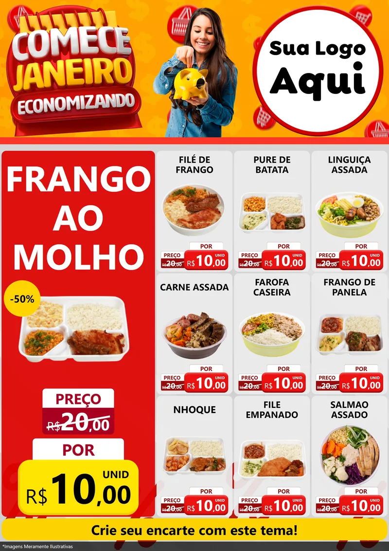 Modelo de Encarte para Encarte A4 Vertical com o tema Comece Janeiro Economizando para Restaurante