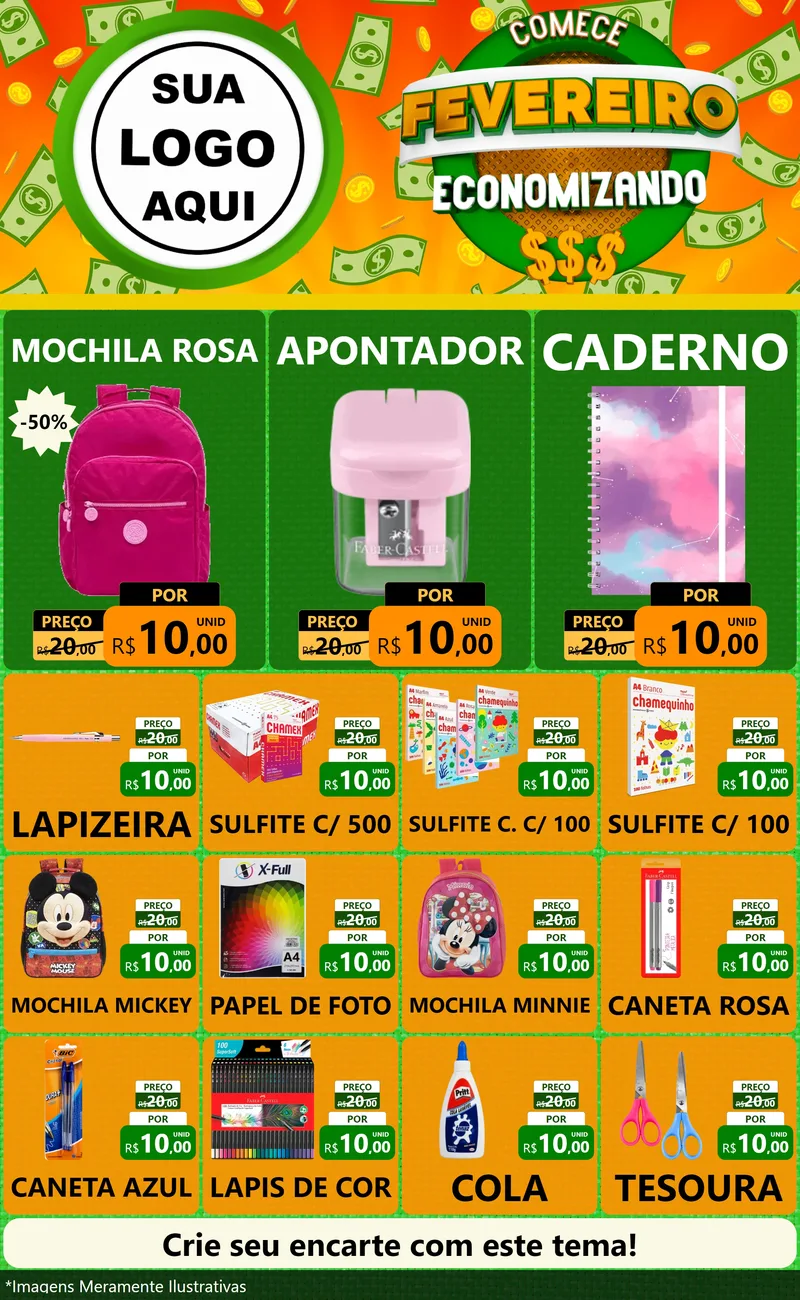 Modelo de Encarte para Encarte Grande com o tema Comece Fevereiro Economizando para Papelaria