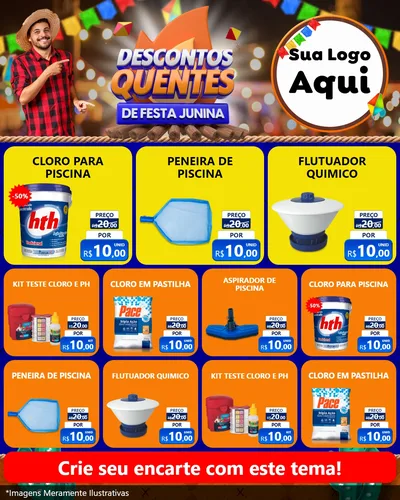 Modelo de Rede Social para Feed Instagram com o tema Descontos Quentes de Festa Junina para Produtos para Piscina