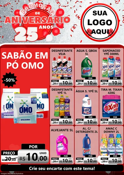 Modelo de Encarte para Encarte A4 Vertical com o tema Promoção de Aniversário - 25Anos para Produtos de Limpeza