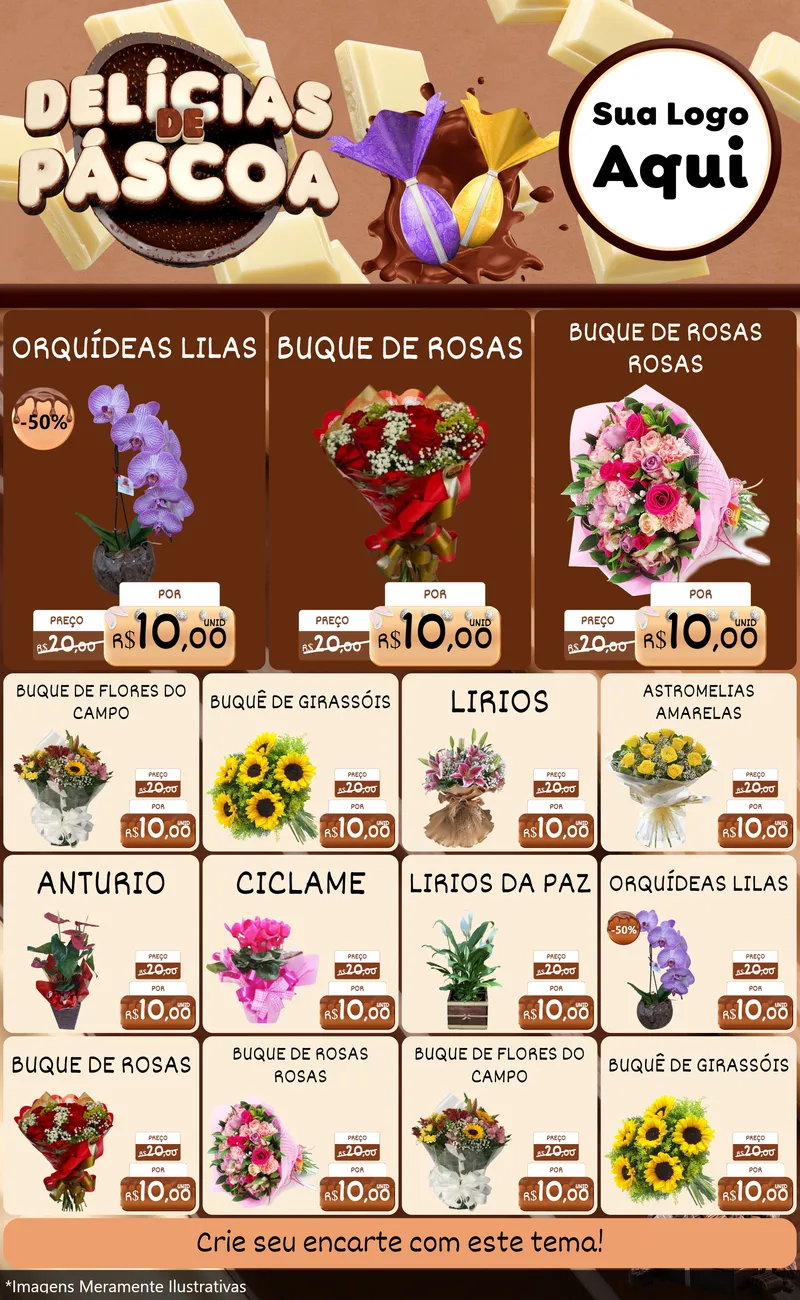 Modelo de Encarte para Encarte Grande com o tema Delícias de Páscoa para Floricultura e jardim