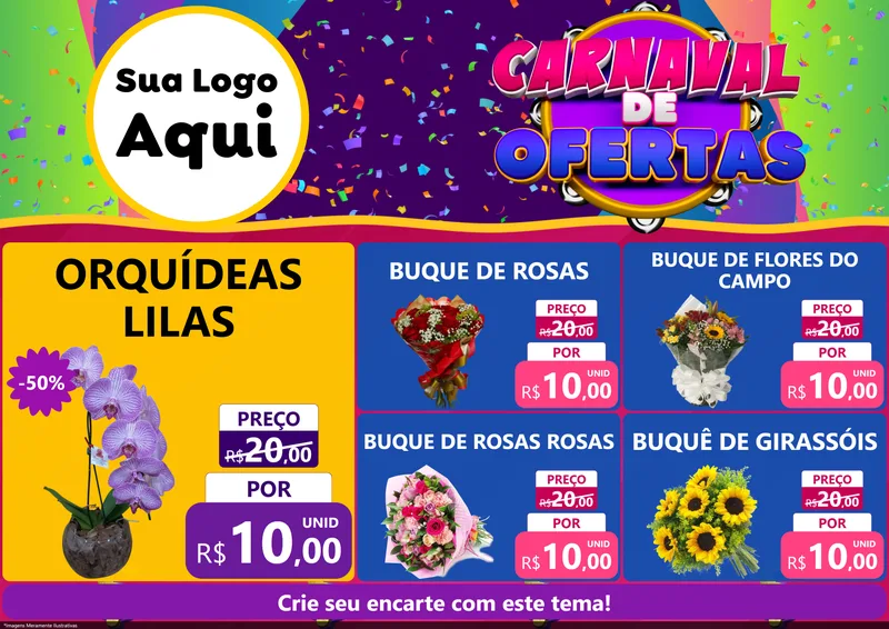 Modelo de Encarte para Encarte A4 Horizontal com o tema Carnaval de Ofertas para Floricultura e jardim
