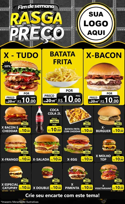 Modelo de Encarte para Encarte Grande com o tema Fim de Semana Rasga Preço para Hamburgueria