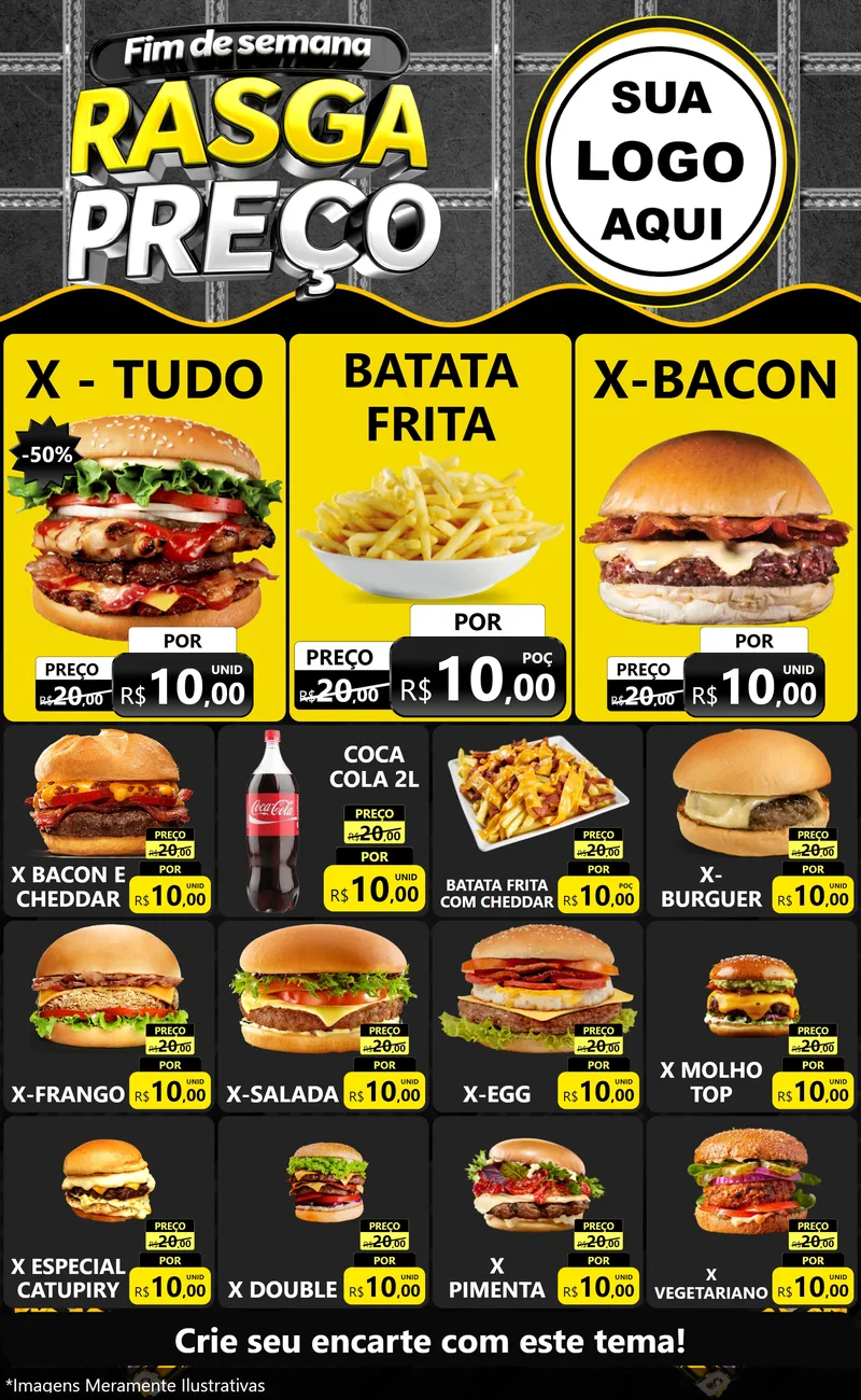 Modelo de Encarte para Encarte Grande com o tema Fim de Semana Rasga Preço para Hamburgueria