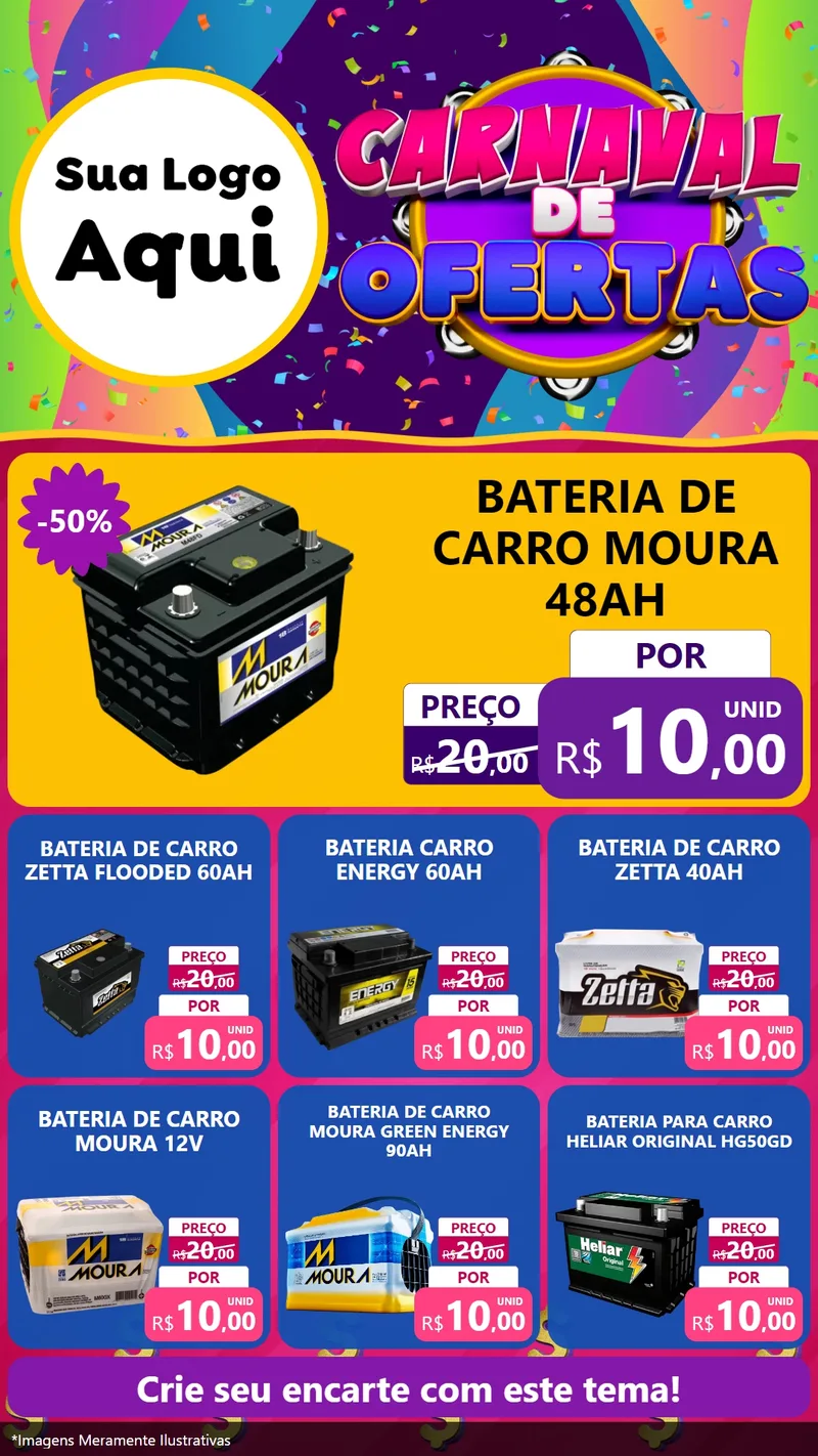 Modelo de Rede Social para Stories com o tema Carnaval de Ofertas para Baterias Elétricas