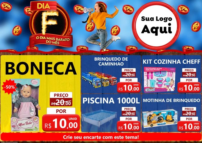Modelo de Encarte para Encarte A4 Horizontal com o tema Dia F - O Dia Mais Barato Do Mês para Brinquedos