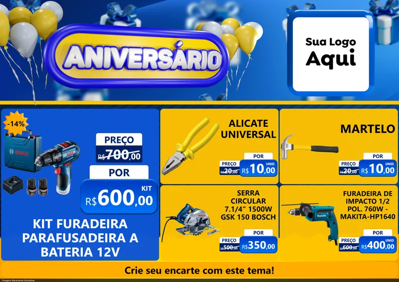 Modelo de Encarte para Encarte A4 Horizontal com o tema Aniversário para Maquinas e Ferramentas