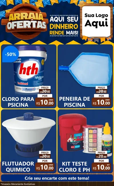 Modelo de Encarte para Encarte Grande com o tema Arraiá de Ofertas - Junina para Produtos para Piscina