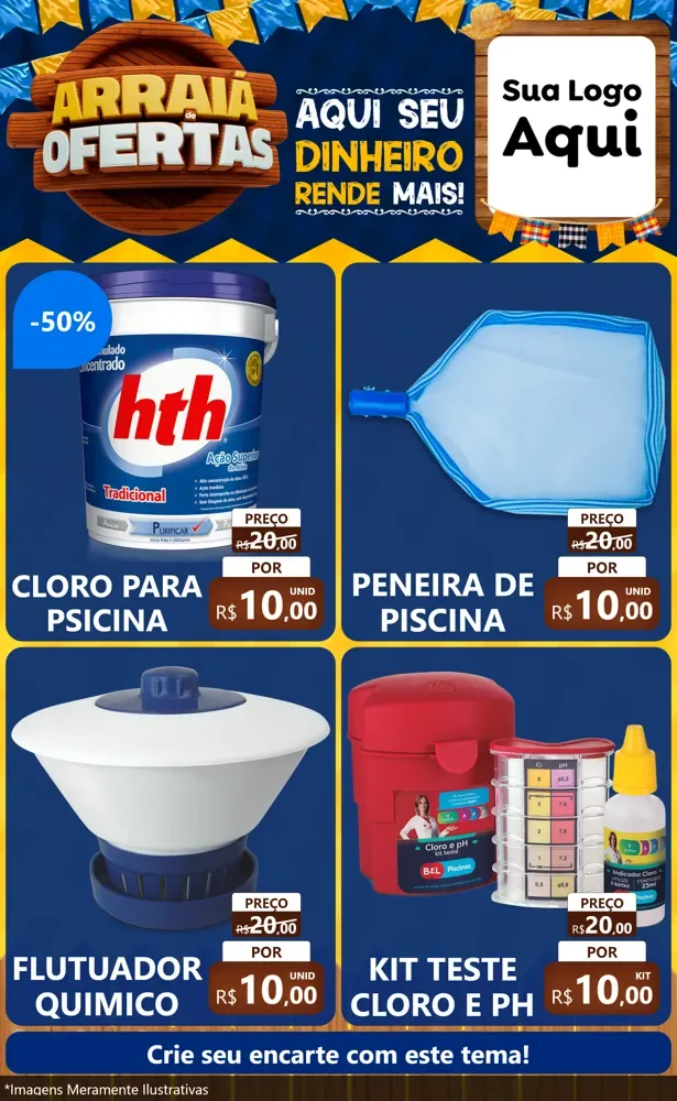 Modelo de Encarte para Encarte Grande com o tema Arraiá de Ofertas - Junina para Produtos para Piscina