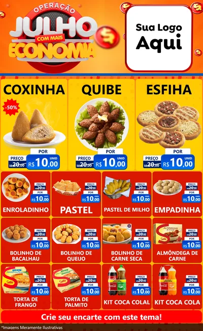Modelo de Encarte para Encarte Grande com o tema Operação Julho Com Mais Economia para Salgadaria