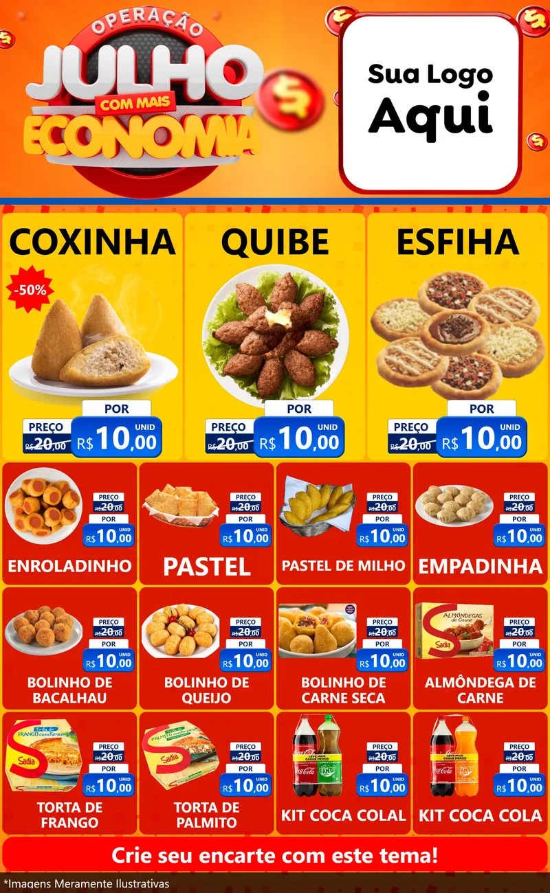Modelo de Encarte para Encarte Grande com o tema Operação Julho Com Mais Economia para Salgadaria