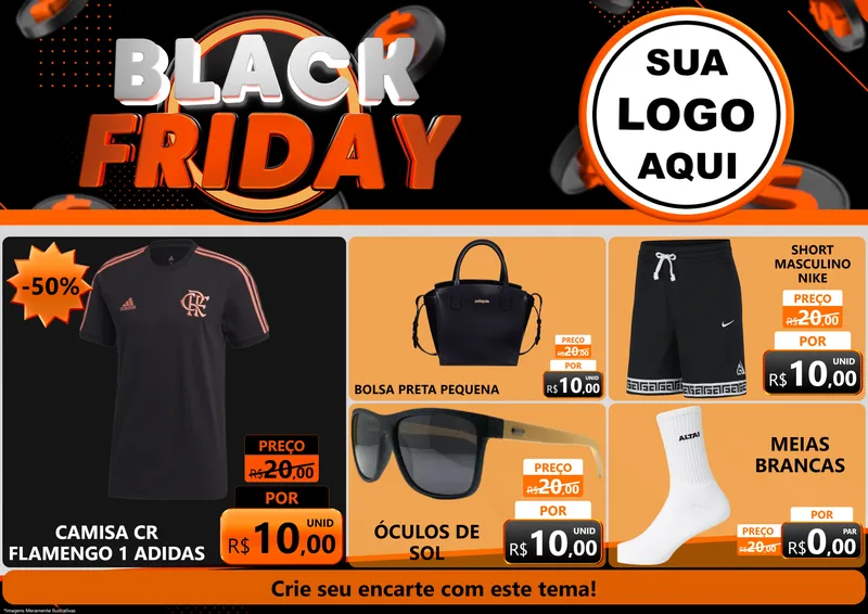 Modelo de Encarte para Encarte A4 Horizontal com o tema Black Friday para Roupas e acessórios