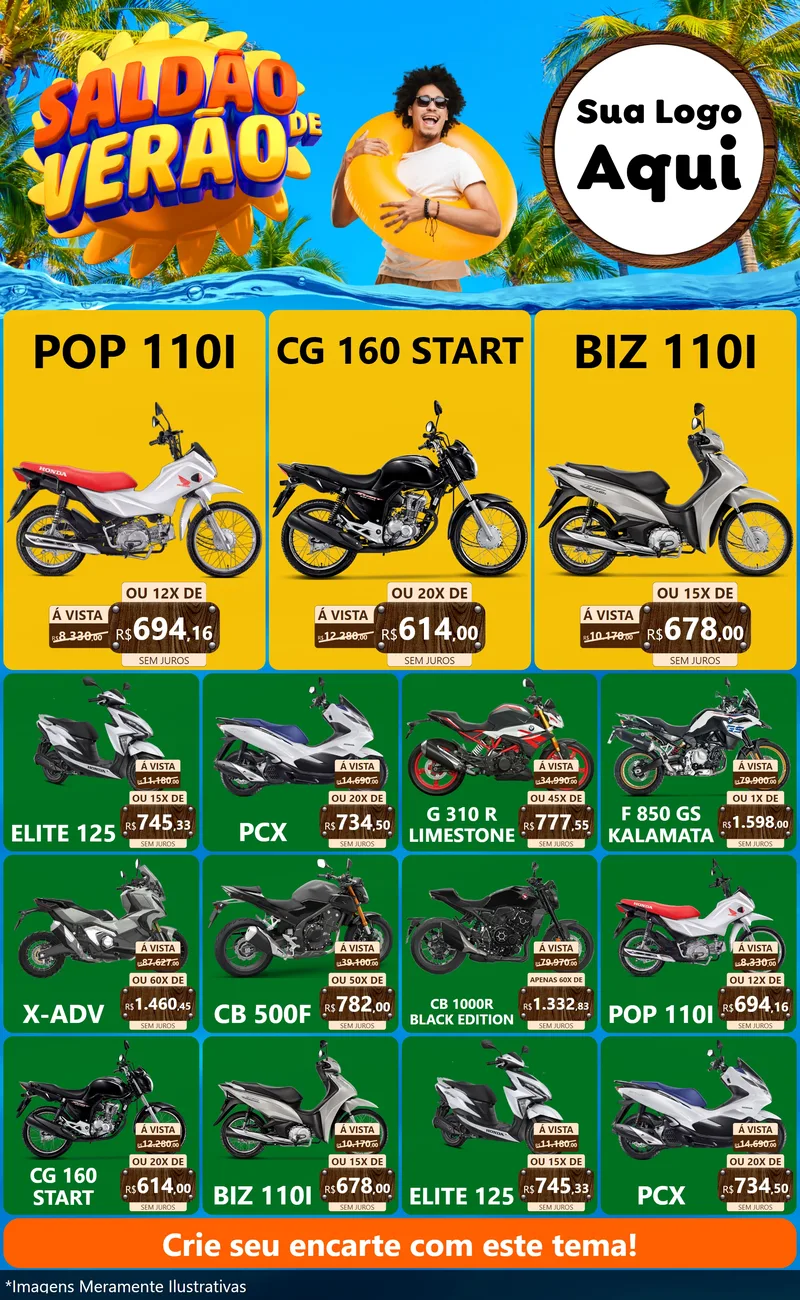 Modelo de Encarte para Encarte Grande com o tema Saldão de Verão para Concessionaria de Motos