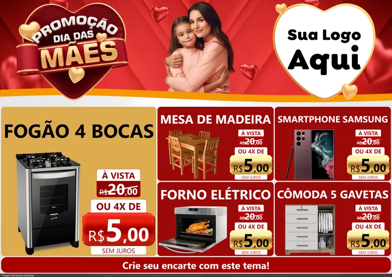 Modelo de Encarte para Encarte A4 Horizontal com o tema Promoção Dia das Mães para Móveis e Eletro
