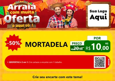 Modelo de Cartaz para Cartaz A4 Horizontal com o tema Arraiá Com Muita Oferta - É Aqui Sô! para Frios e Laticínios