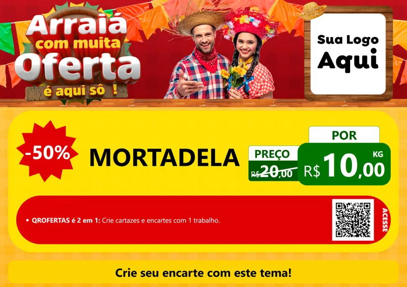 Modelo de Cartaz para Cartaz A4 Horizontal com o tema Arraiá Com Muita Oferta - É Aqui Sô! para Frios e Laticínios