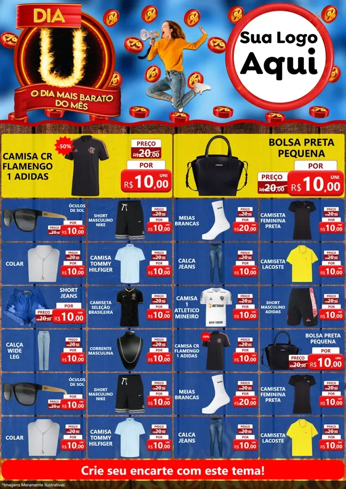 Modelo de Encarte para Encarte A4 Vertical com o tema Dia U - O Dia Mais Barato Do Mês para Roupas e acessórios