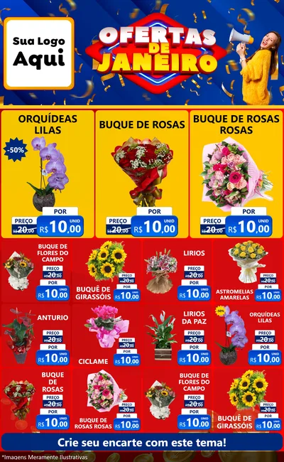 Modelo de Encarte para Encarte Grande com o tema Ofertas de Janeiro para Floricultura e jardim