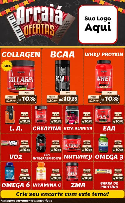 Modelo de Encarte para Encarte Grande com o tema Arraiá de Ofertas - Junina para Suplementos alimentares