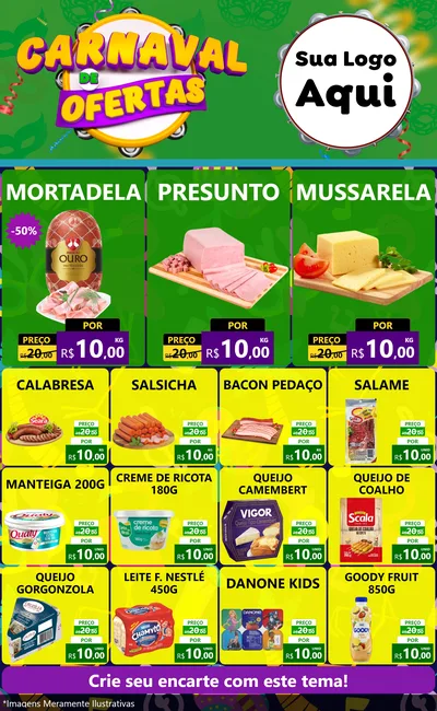 Modelo de Encarte para Encarte Grande com o tema Carnaval de Ofertas para Frios e Laticínios