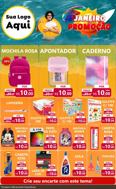 Modelo de Encarte para Encarte Grande com o tema Janeiro de Promoção para Papelaria