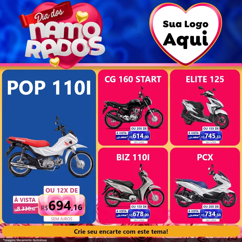 Modelo de Rede Social para Feed Facebook com o tema Dia dos namorados para Concessionaria de Motos