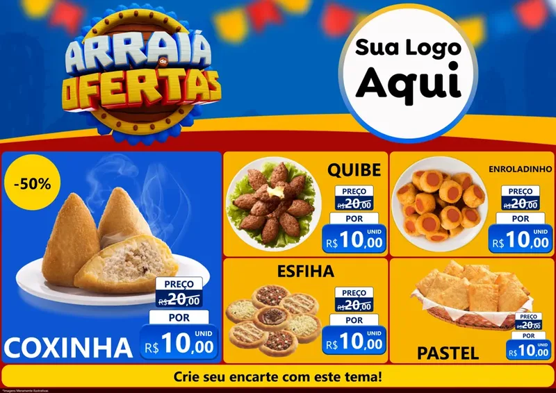 Modelo de Encarte para Encarte A4 Horizontal com o tema Arraiá de Ofertas - Junina para Salgadaria