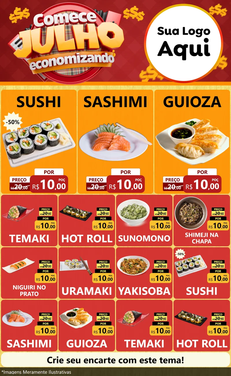 Modelo de Encarte para Encarte Grande com o tema Comece Julho Economizando para Comida japonesa