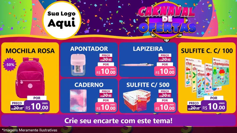 Modelo de TV para TV Horizontal com o tema Carnaval de Ofertas para Papelaria