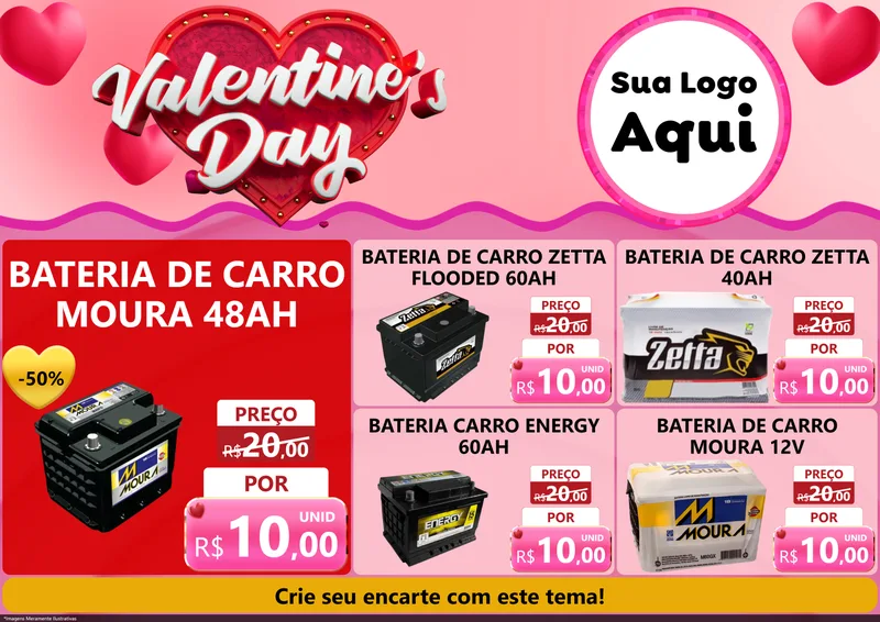 Modelo de Encarte para Encarte A4 Horizontal com o tema Valentine's Day para Baterias Elétricas
