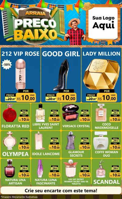 Modelo de Encarte para Encarte Grande com o tema Arraiá de Preço Baixo - Junina para Perfumes