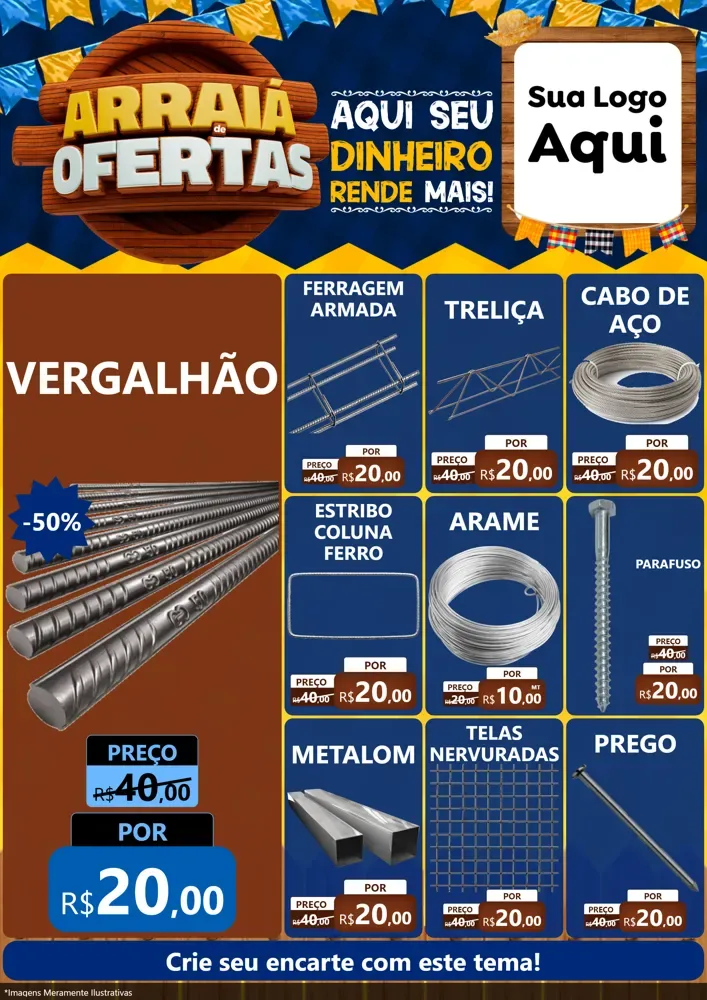 Modelo de Encarte para Encarte A4 Vertical com o tema Arraiá de Ofertas - Junina para Ferragens