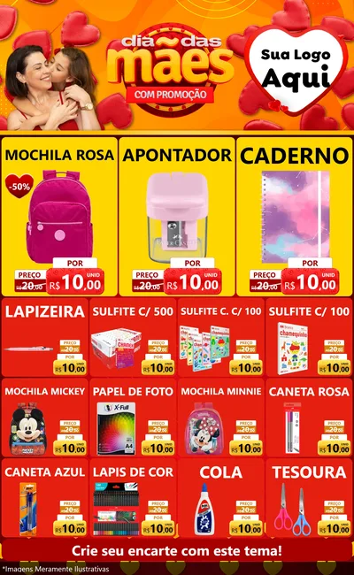 Modelo de Encarte para Encarte Grande com o tema Dia das Mães com Promoção para Papelaria