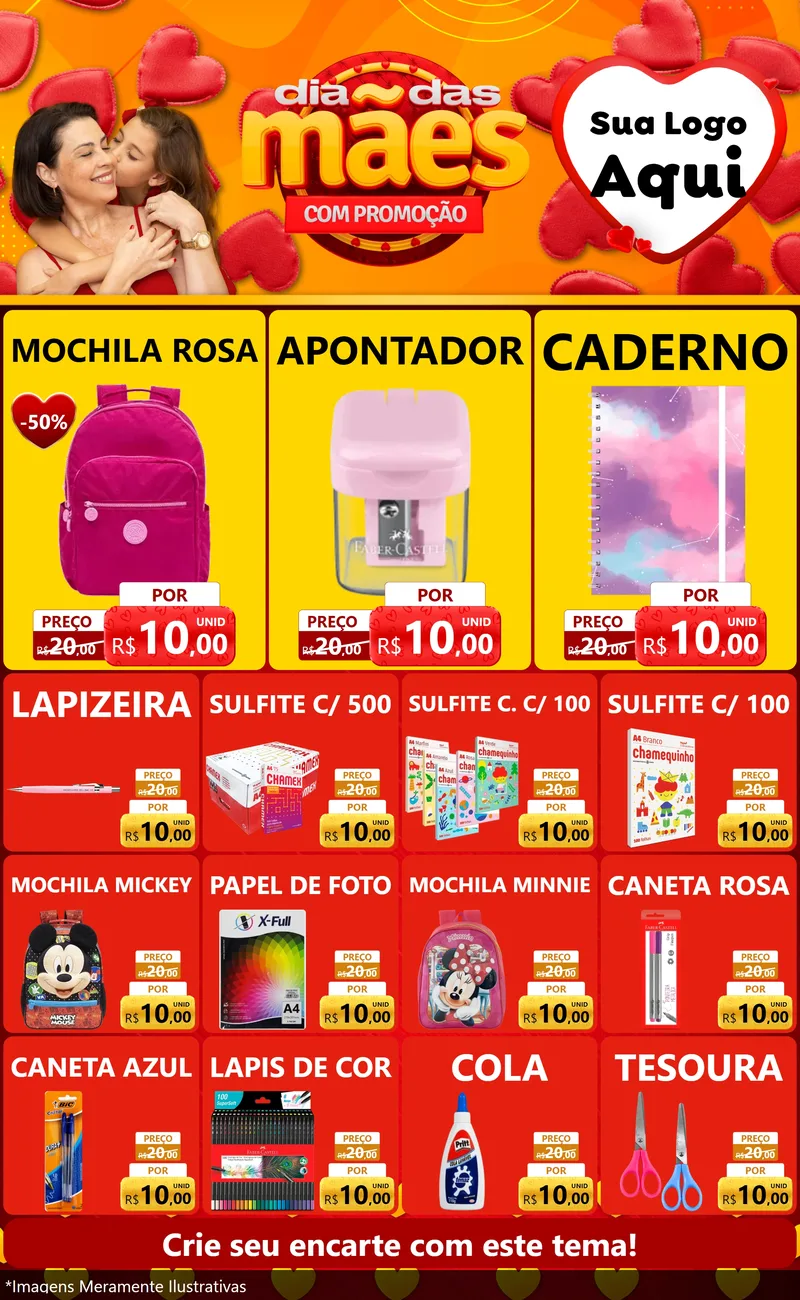 Modelo de Encarte para Encarte Grande com o tema Dia das Mães com Promoção para Papelaria